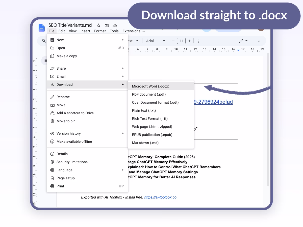 Google Docs File menu open on an imported ChatGPT conversation showing Download then Microsoft Word docx selected to export the document as a Word file