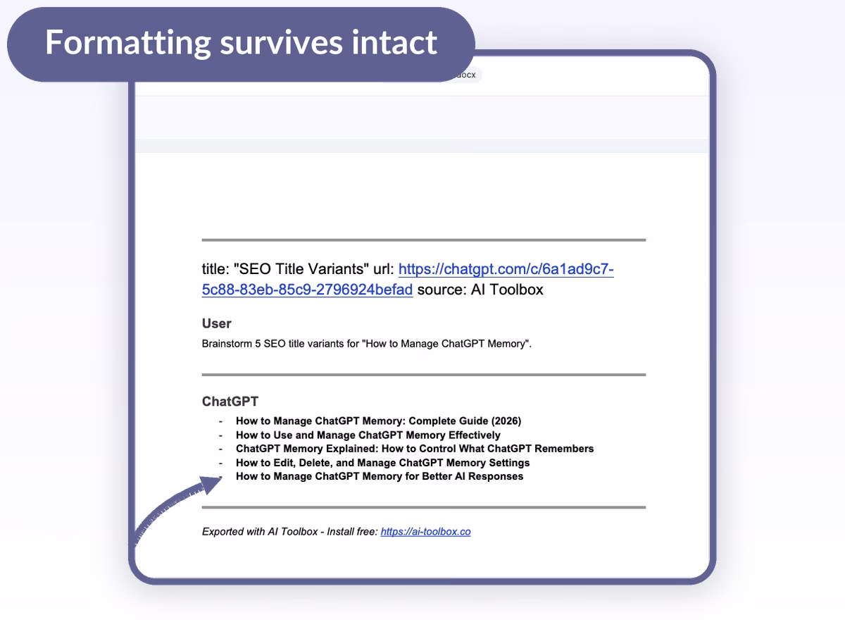 The downloaded .docx file showing the ChatGPT conversation with the headed User and ChatGPT turns, a bold list, and links preserved after conversion from Google Docs