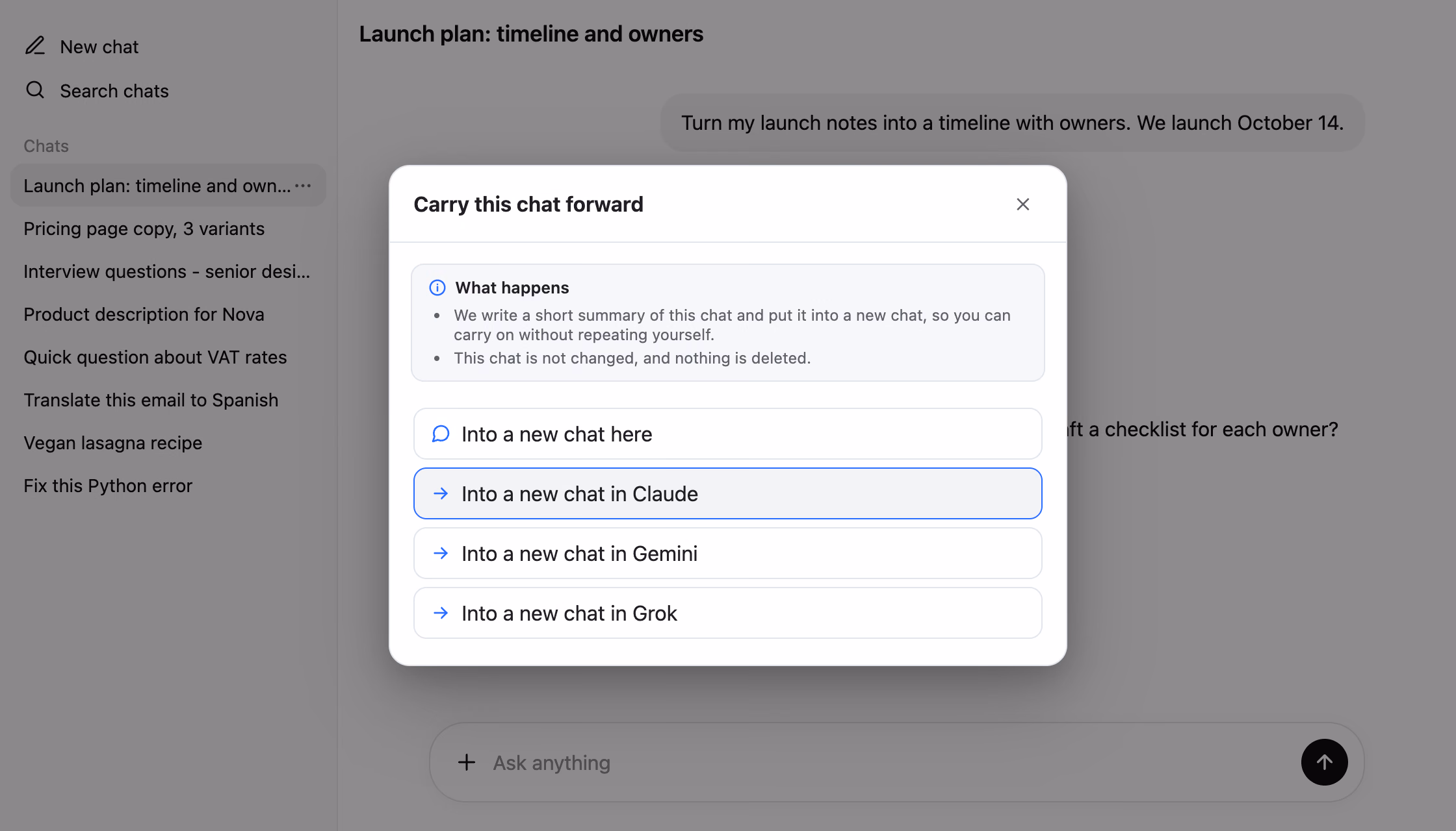 Carry this chat forward dialog on ChatGPT offering a new chat here or a new chat in Claude, Gemini, or Grok