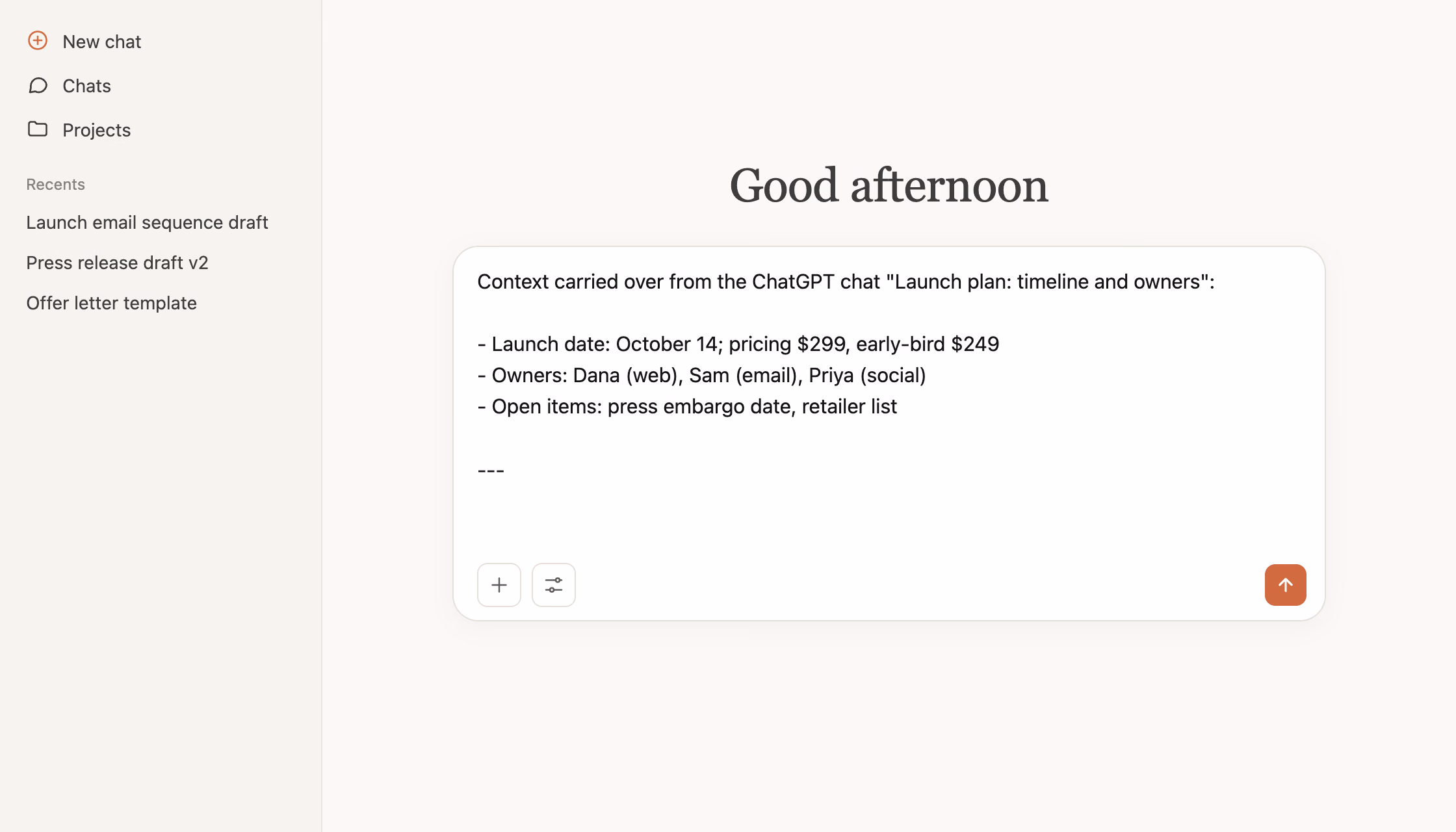 A new Claude chat with the message box pre-filled with context carried over from the ChatGPT chat: launch date, owners, and open items