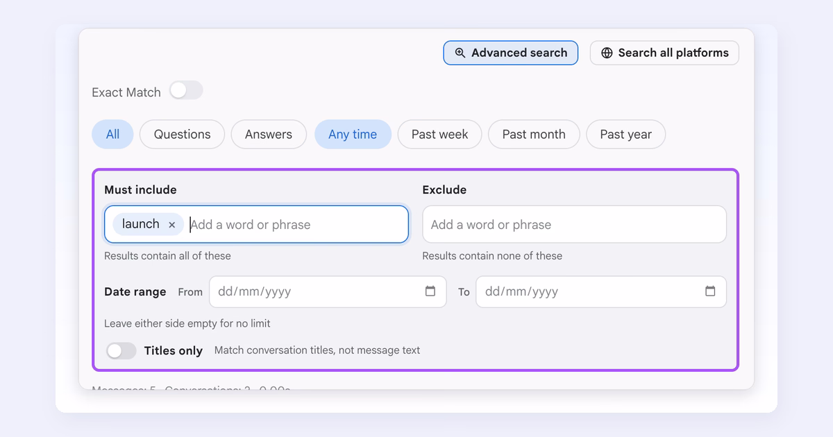 AI Toolbox Advanced search on Gemini with Must include and Exclude terms, Exact Match, role and time filters, a date range and Titles only