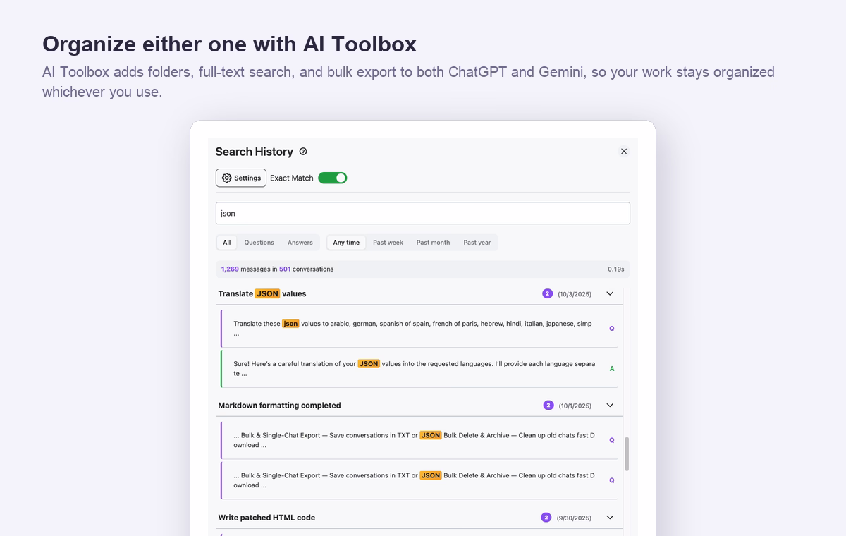 AI Toolbox adds folders, full-text search, and bulk export to both ChatGPT and Gemini to keep conversations organized