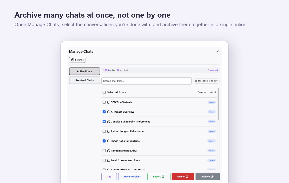AI Toolbox Manage Chats panel with Active Chats and Archived Chats tabs, five chats selected, and an Archive button