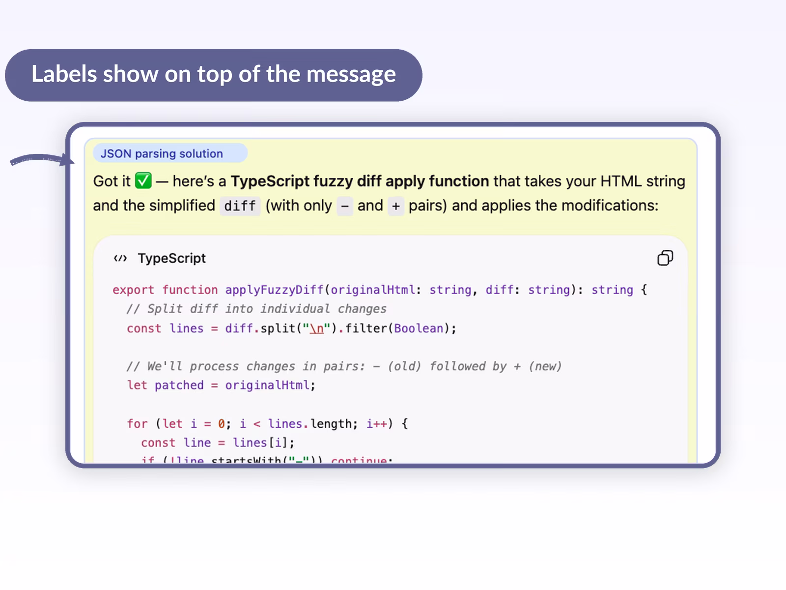 ChatGPT conversation message with a yellow JSON parsing solution label pill rendered directly above the message and TypeScript code block beneath