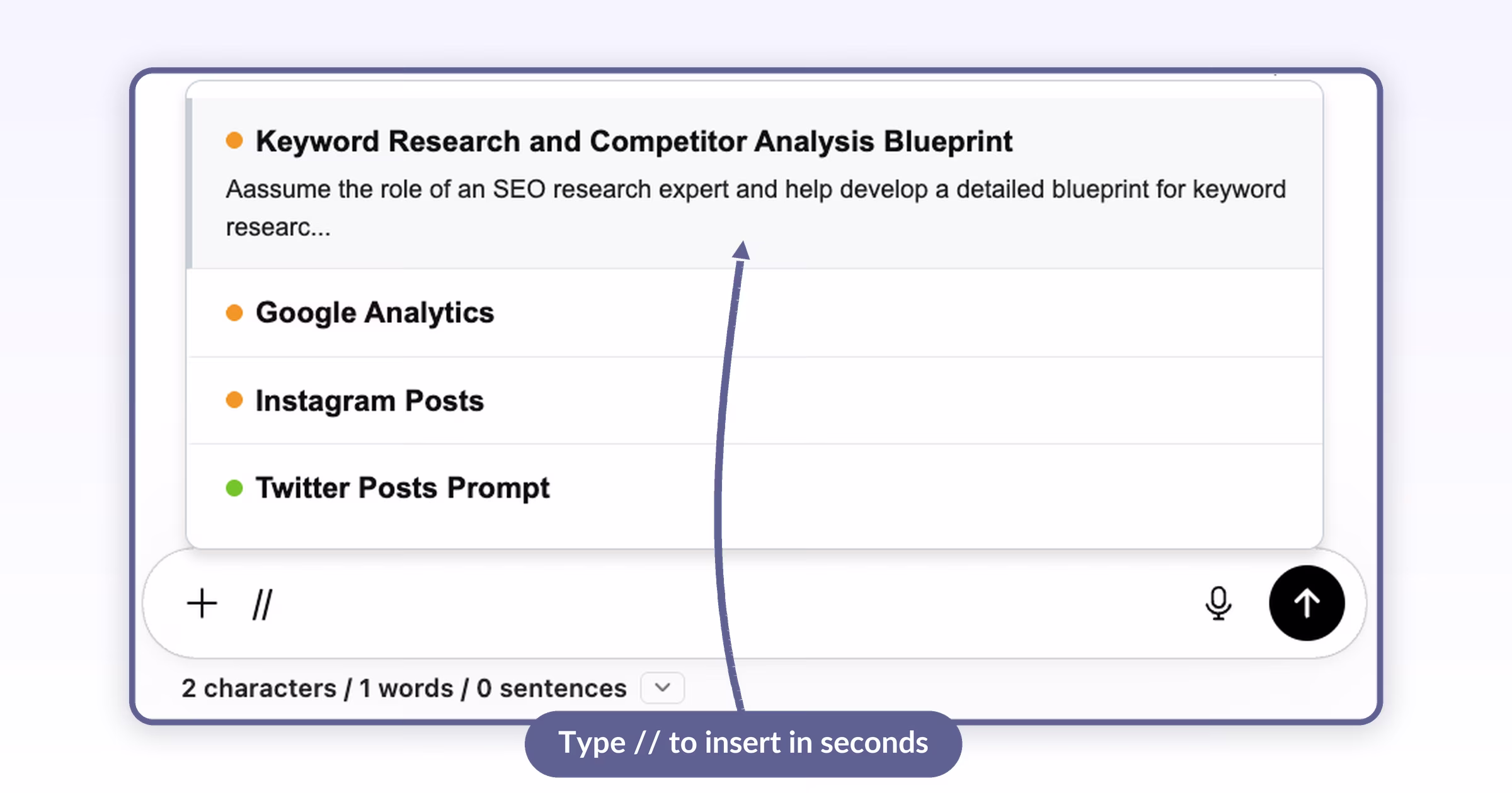 ChatGPT input with double slash shortcut typed showing the AI Toolbox autocomplete dropdown with four matching prompts Keyword Research Google Analytics Instagram Posts and Twitter Posts