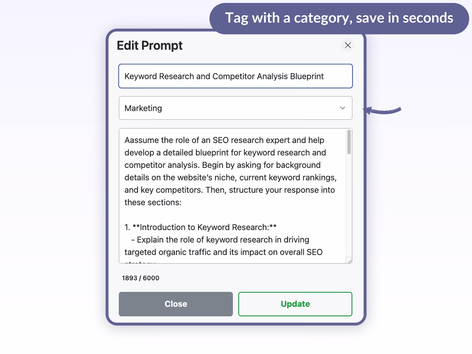 AI Toolbox Edit Prompt modal with a title Keyword Research and Competitor Analysis Blueprint a Marketing category dropdown a prompt body and a 1893 of 6000 character counter