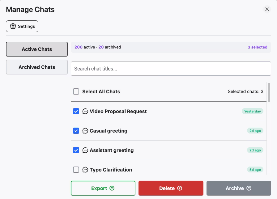 ChatGPT Toolbox Manage Chats panel with 3 conversations selected via checkboxes and Delete button active