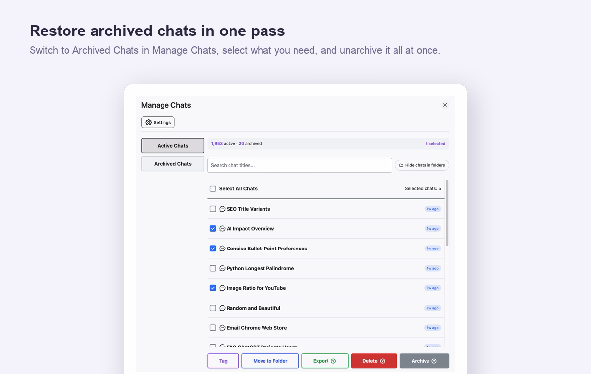 AI Toolbox Manage Chats popup with Active and Archived Chats tabs, chats selected with checkboxes, and a bulk restore action