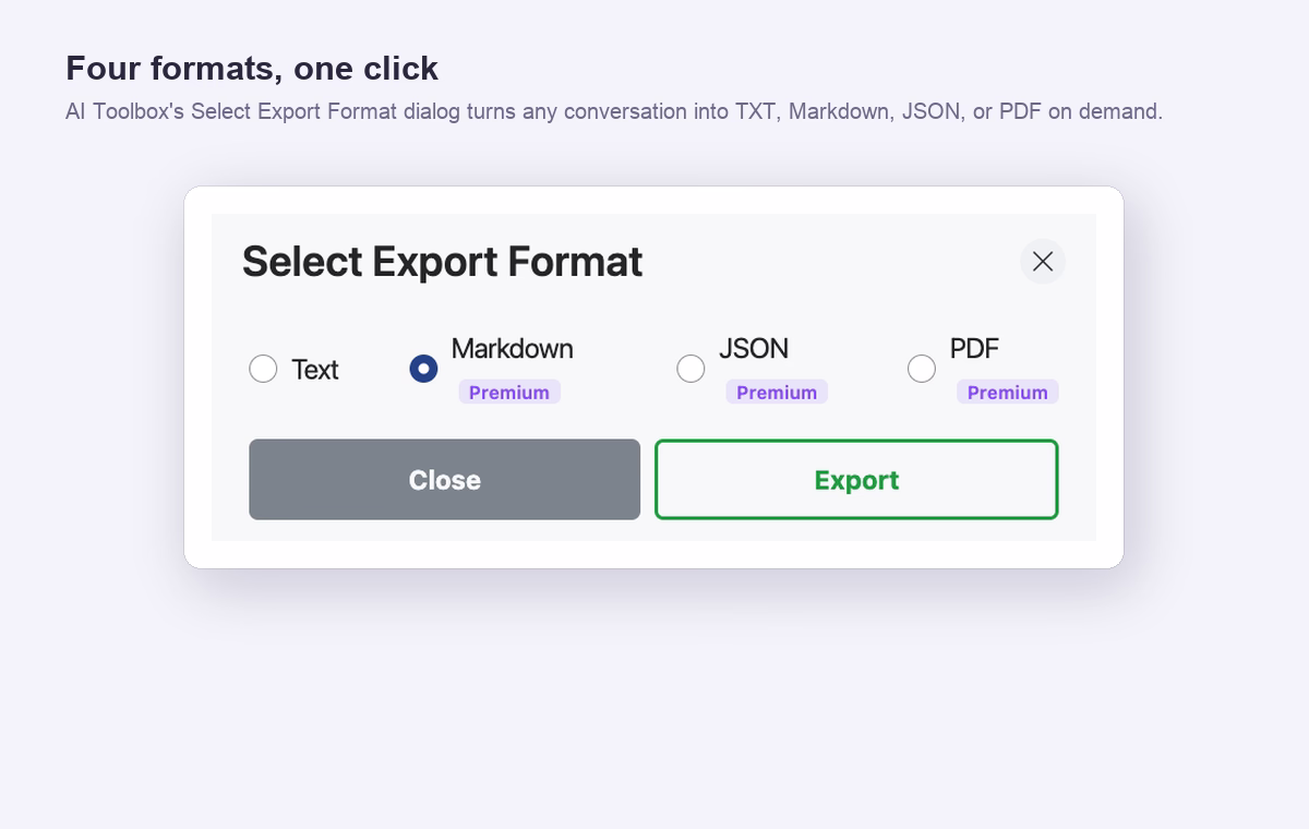 AI Toolbox Select Export Format modal with Text, Markdown, JSON, and PDF options visible alongside the Export button