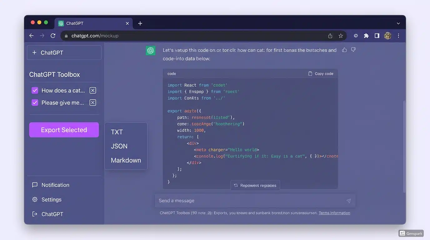 ChatGPT Toolbox export interface showing format selection options
