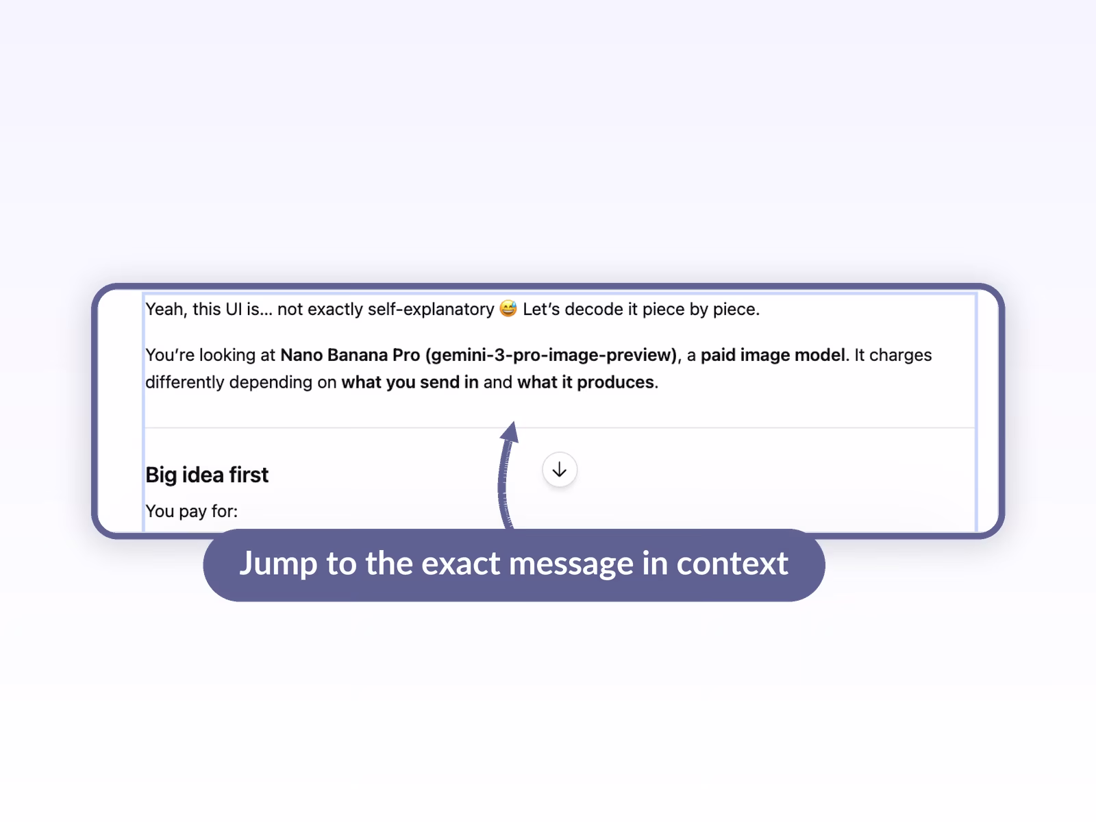 ChatGPT conversation pane after clicking a search result, with the matched message and adjacent context lines rendered for the reader
