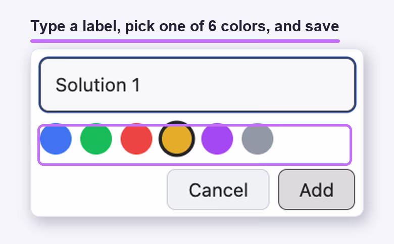 AI Toolbox label popover on ChatGPT with a text field reading Solution 1 and 6 color swatches with amber selected
