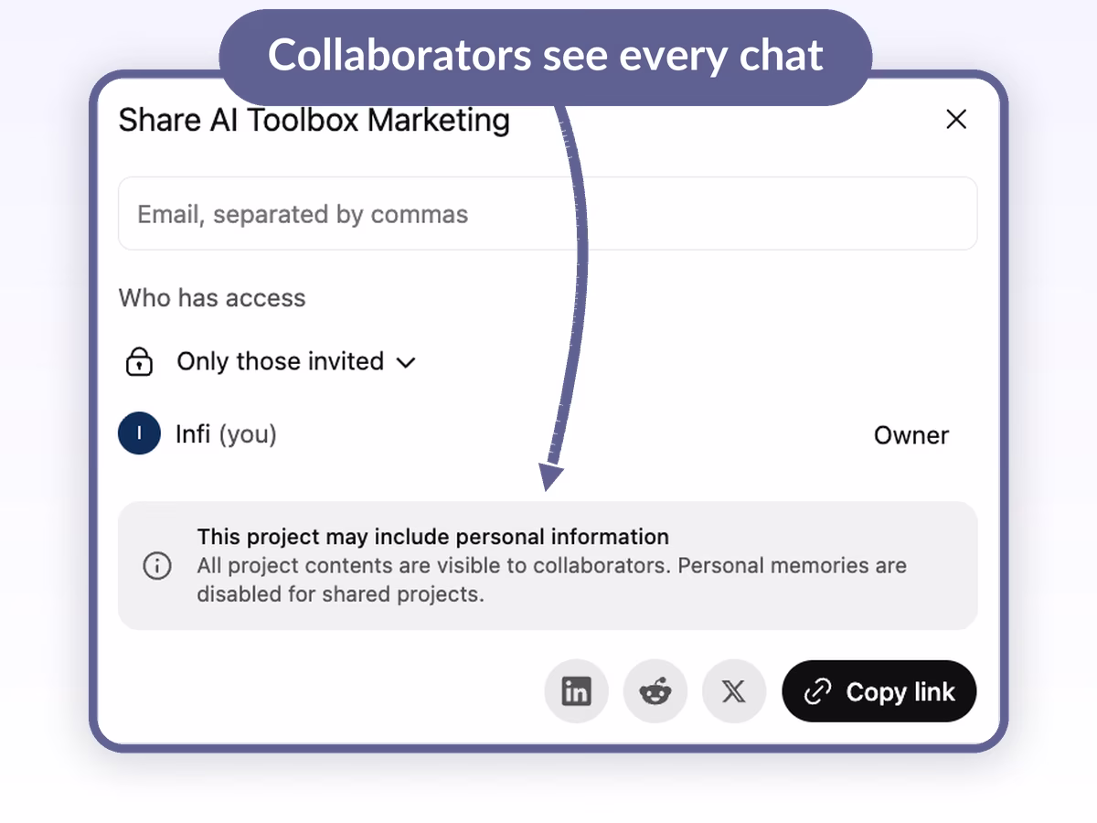 ChatGPT Project share dialog highlighting the notice that this project may include personal information and all project contents are visible to collaborators with personal memories disabled for shared projects