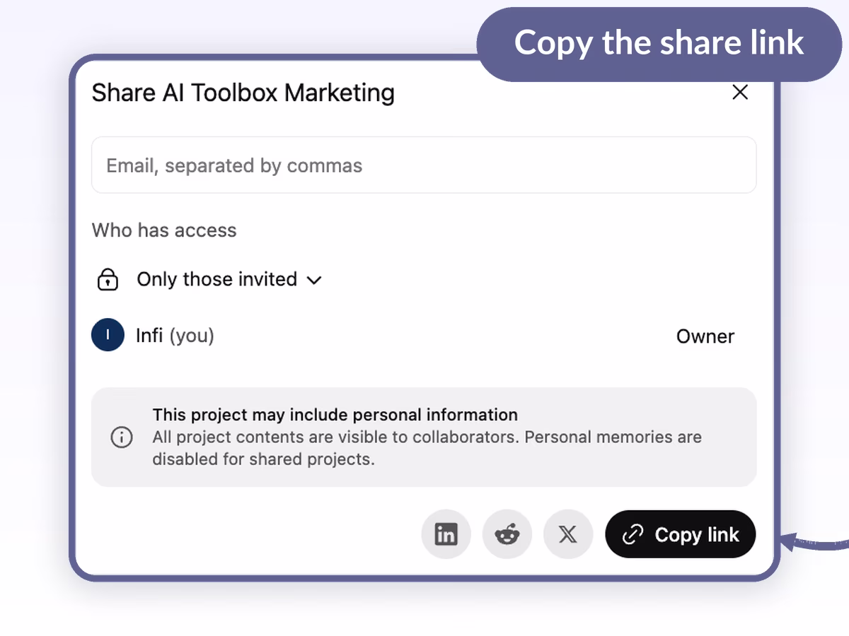 ChatGPT Project share dialog with the Copy link button highlighted at the bottom next to LinkedIn Reddit and X share buttons