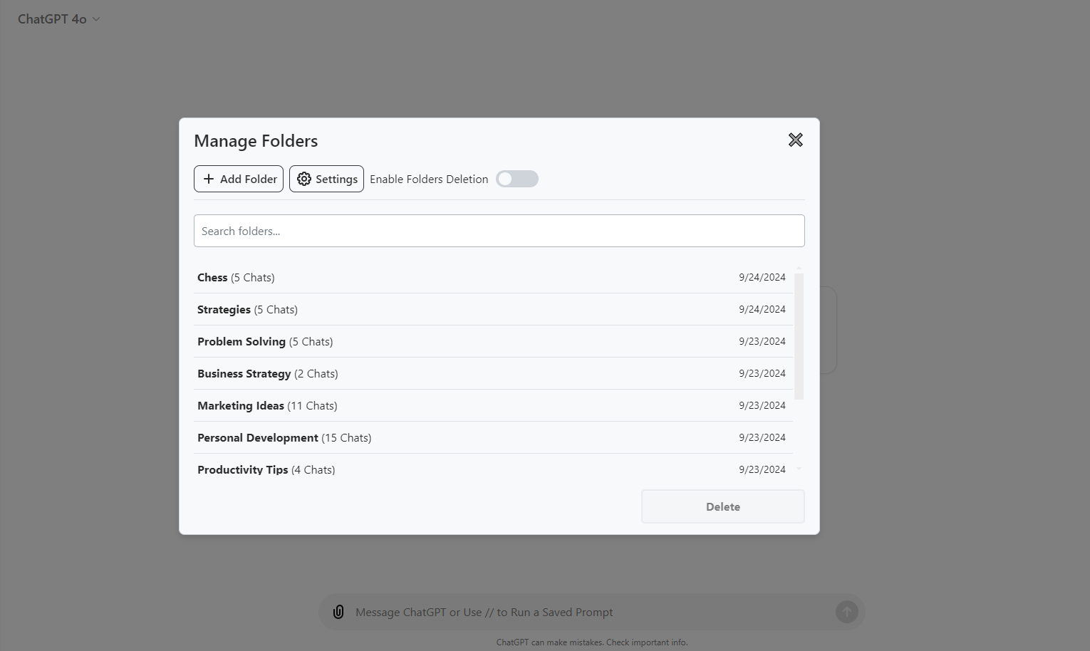 Screenshot of the Manage Folders popup showing a list of created folders with creation dates and chat counts, an 'Add Folders' button, a 'Settings' button, an 'Enable Folders Deletion' switch, a 'Delete' button at the bottom, and a search input above the folder list.