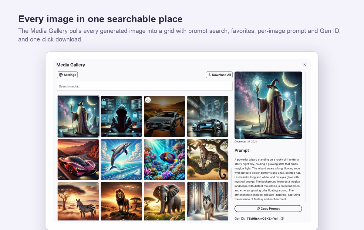 The AI Toolbox Media Gallery grid showing generated images with a search bar, favorites, and a detail panel with the prompt and Gen ID