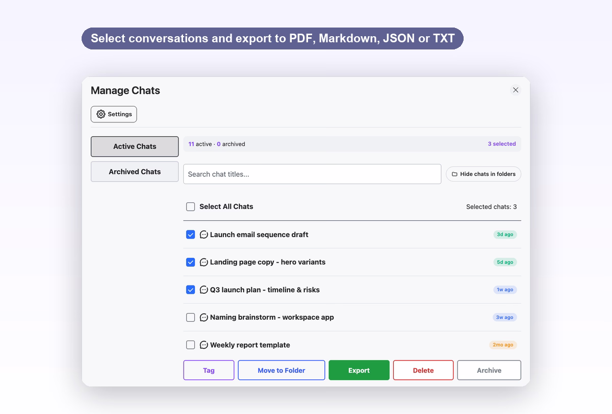 AI Toolbox Manage Chats panel with three conversations selected and Export, Move to Folder and Tag actions