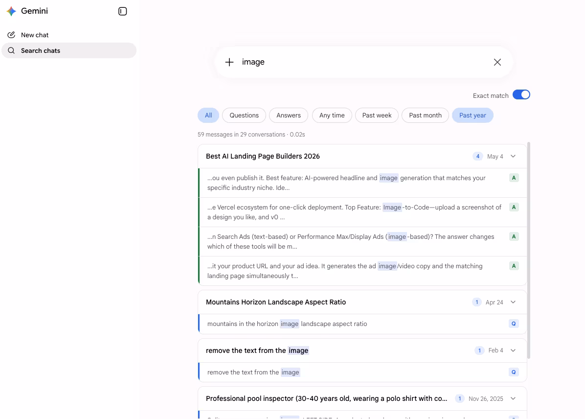 gemini.google.com showing AI Toolbox Gemini-module search inside Gemini's native layout. Search box with query image, Exact match toggle on, filter chips for All, Questions, Answers, Any time, Past week, Past month, Past year (Past year selected). Below the chips: 59 messages in 29 conversations searched in 0.02 seconds. Result cards for Best AI Landing Page Builders 2026, Mountains Horizon Landscape Aspect Ratio, remove the text from the image, and Professional pool inspector, each with snippets containing the highlighted word image and Q or A labels marking question vs answer source.