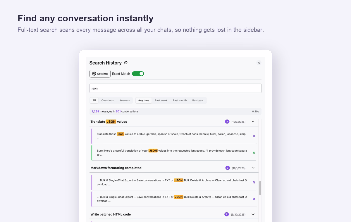 AI Toolbox full-text search scanning every message across all ChatGPT conversations to find any chat instantly