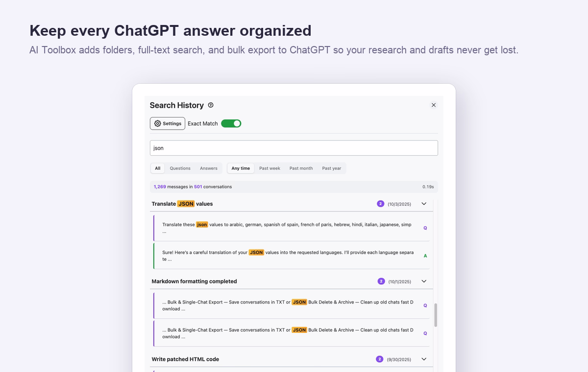 AI Toolbox adds folders, full-text search, and bulk export to ChatGPT so research and drafts stay organized