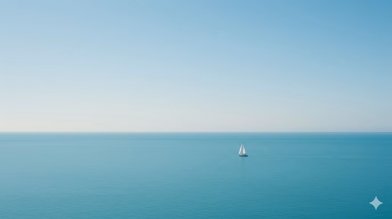 Close-up of a Gemini-generated seascape downloaded WITHOUT AI Toolbox: same calm ocean and single sailboat composition, with the diagonal sparkle watermark clearly visible in the lower-right corner of the file.