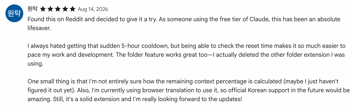 5-star Chrome Web Store review by 원탁: Found this on Reddit and decided to give it a try. As someone using the free tier of Claude, this has been an absolute lifesaver.
I…