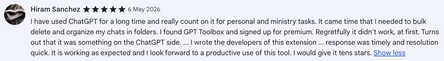 5-star Chrome Web Store review by Hiram Sanchez: I have used ChatGPT for a long time and really count on it for personal and ministry tasks. It came time that I needed to…