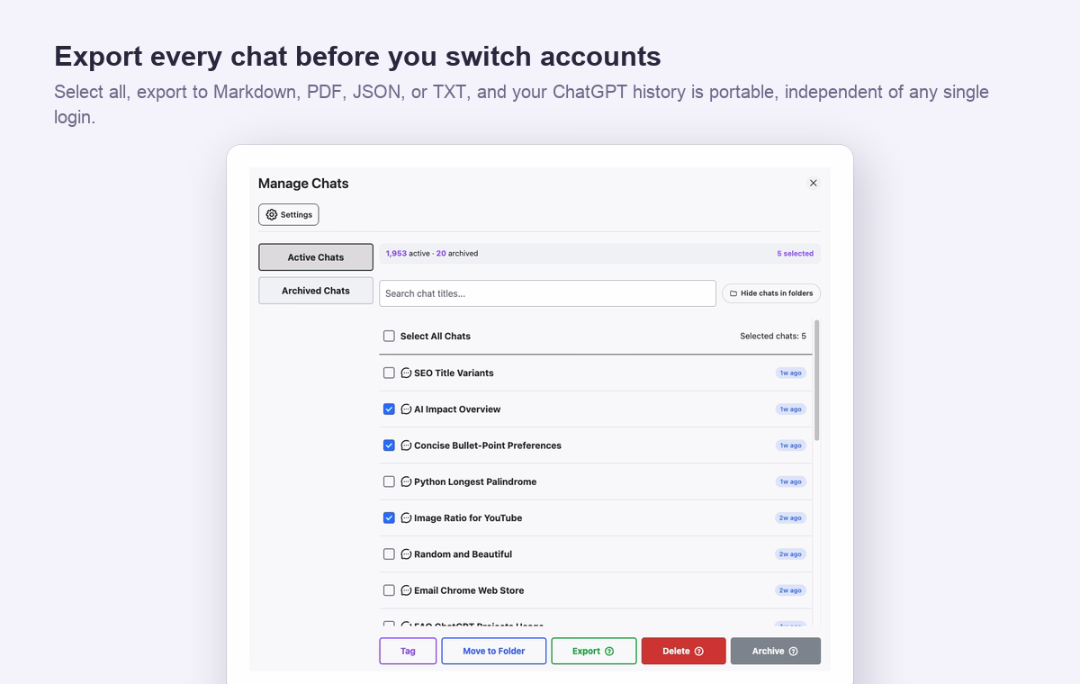 AI Toolbox Manage Chats: select all conversations and export before switching ChatGPT accounts