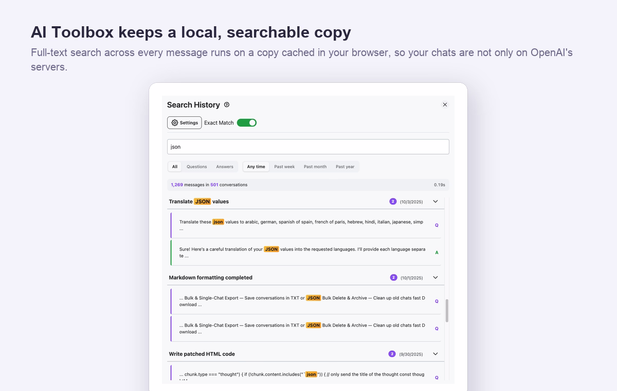 AI Toolbox full-text search running on a local, browser-cached copy of ChatGPT conversations