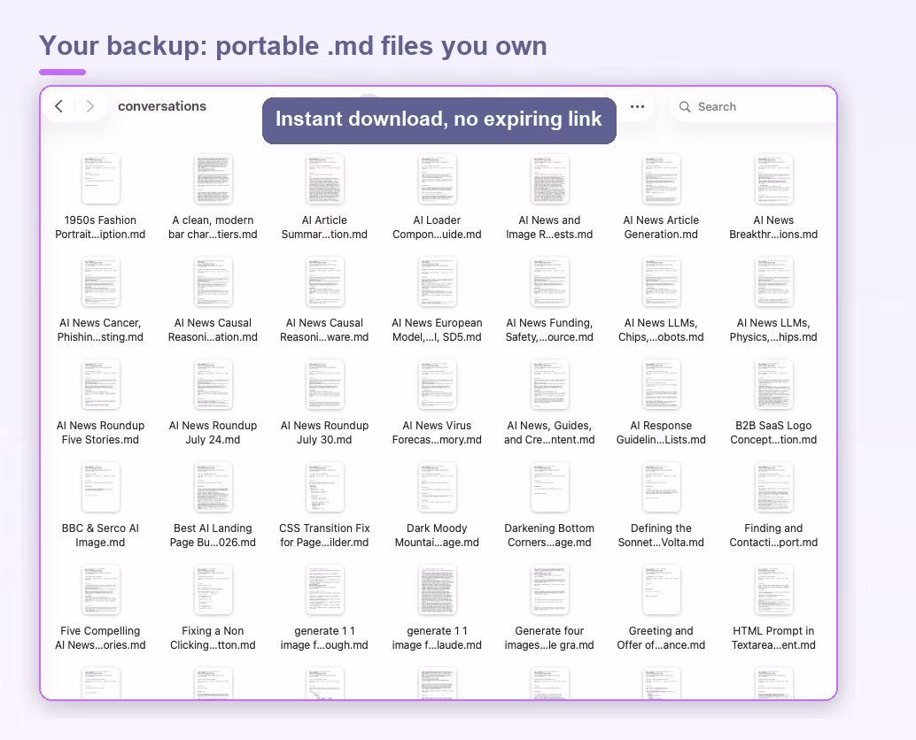 Exported Claude conversations saved as portable Markdown files on disk