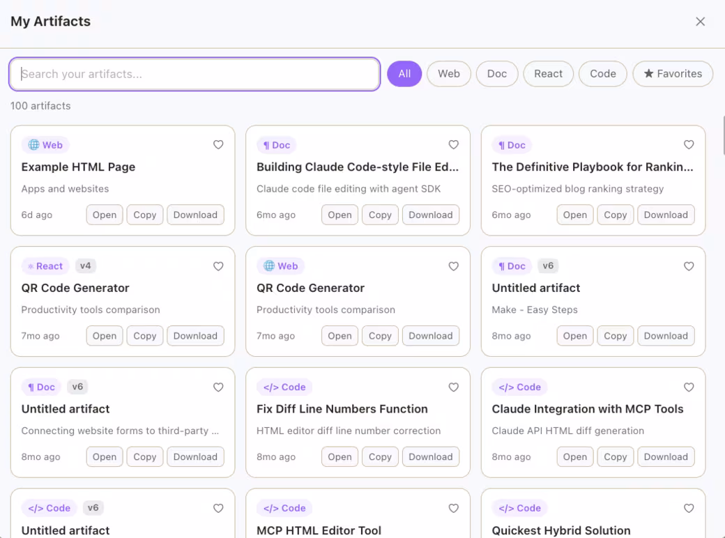 Artifact Vault grid showing Web, Doc, React, and Code artifacts with Open, Copy, and Download buttons