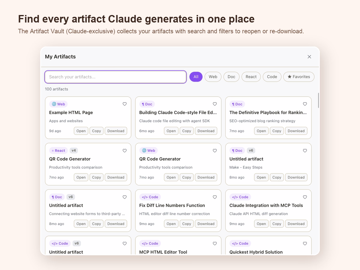 AI Toolbox Artifact Vault on claude.ai showing search and filters across saved Claude artifacts