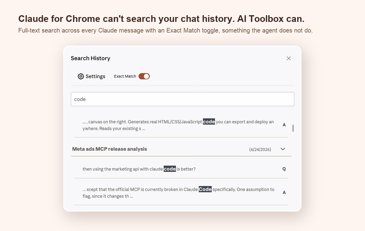 AI Toolbox full-text search across Claude messages with an Exact Match toggle