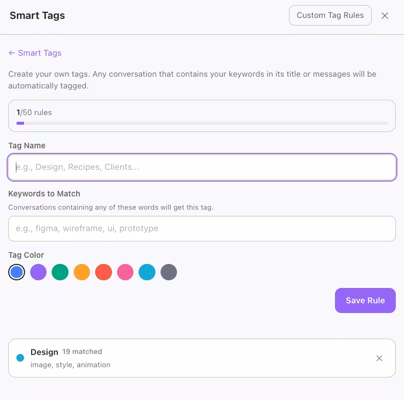 Custom Smart Tags rule editor in AI Toolbox with rule name, keywords, and color picker for Claude