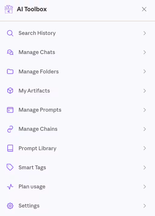 AI Toolbox features menu on Claude listing Manage Folders, My Artifacts, Prompt Library, and Smart Tags
