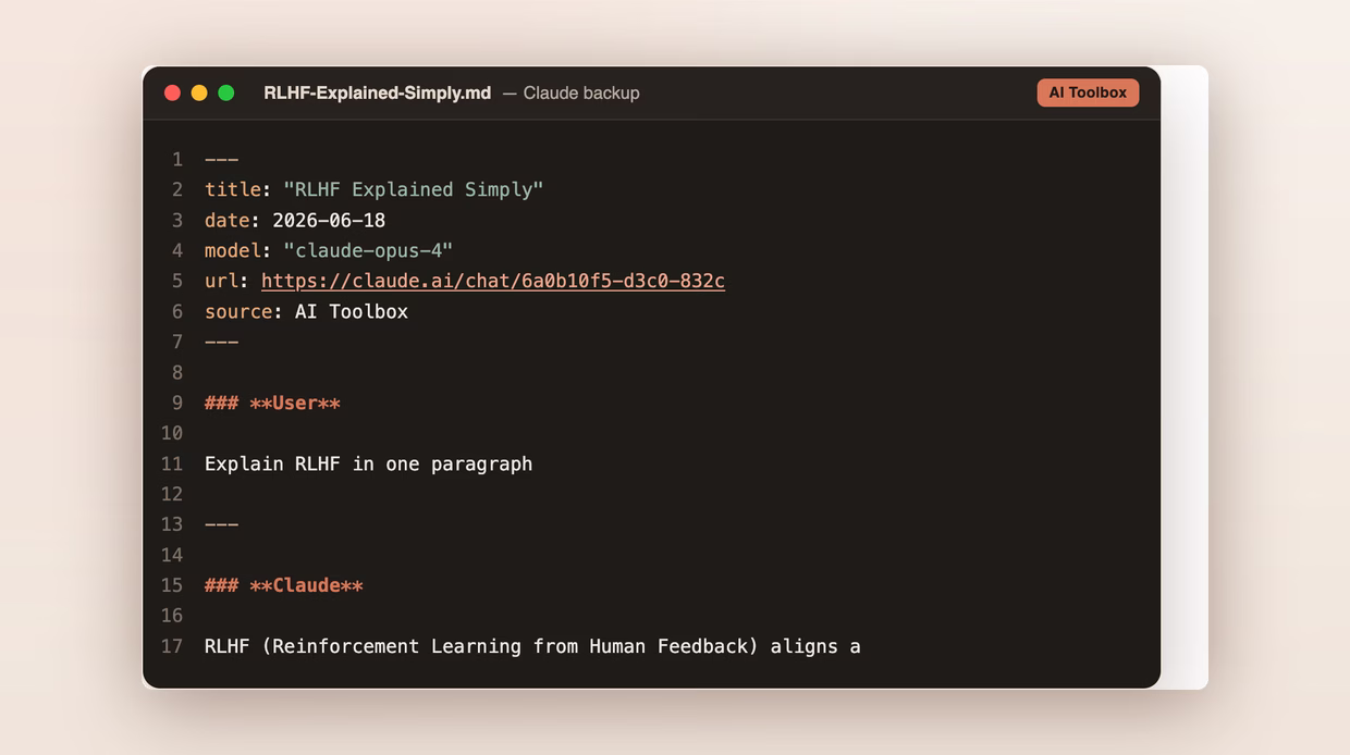 Top of an exported Markdown file from Claude shown in a code editor. Lines 1 through 6 are a YAML frontmatter block delimited by triple dashes containing title, date, model 'claude-opus-4', url linking to the original claude.ai conversation, and source AI Toolbox. Below it the conversation body starts with a User heading, the prompt, a horizontal rule, then a Claude heading and the assistant response.
