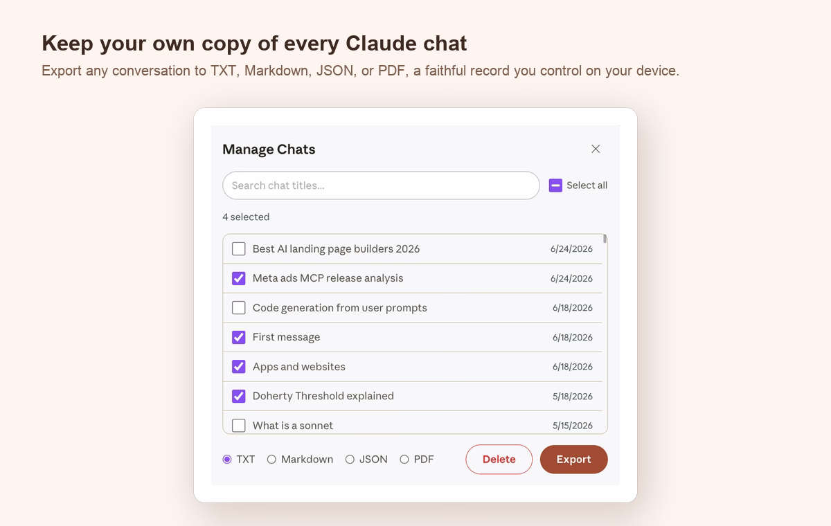 AI Toolbox exporting selected Claude chats to TXT, Markdown, JSON, or PDF