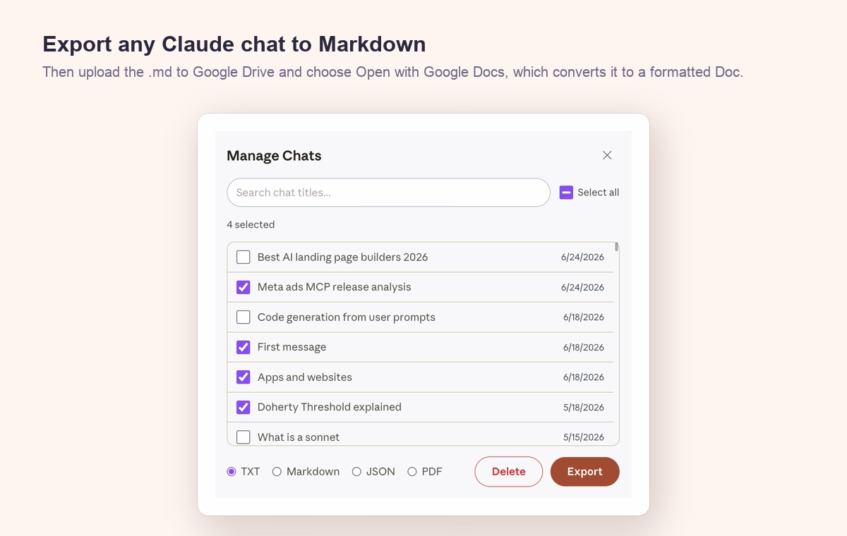 AI Toolbox exporting a Claude conversation to Markdown, PDF, TXT, or JSON