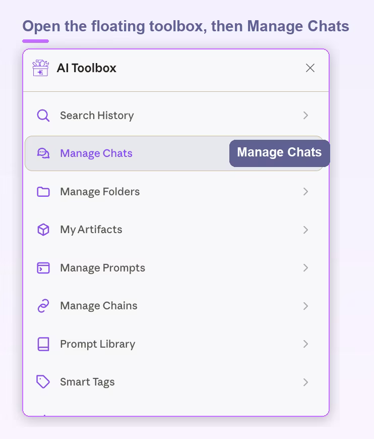 AI Toolbox floating toolbox on Claude with the Manage Chats option highlighted
