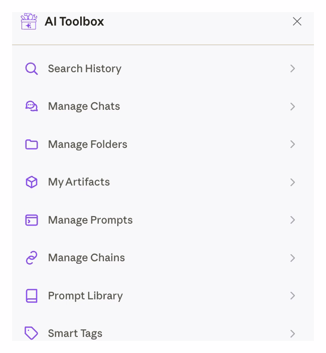 AI Toolbox launcher on Claude with Manage Chats and export options