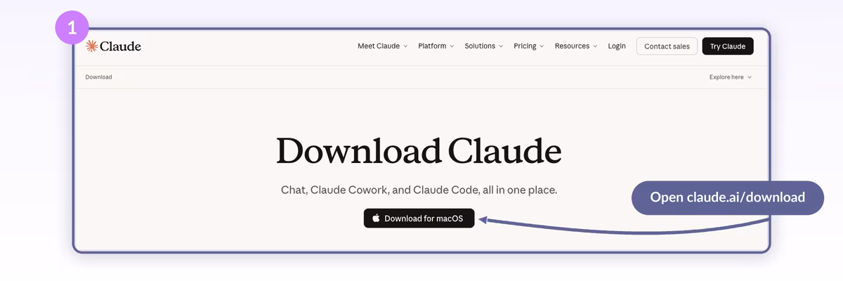 Anthropic Claude download page with the Download for macOS button highlighted below the Chat Claude Cowork and Claude Code tagline
