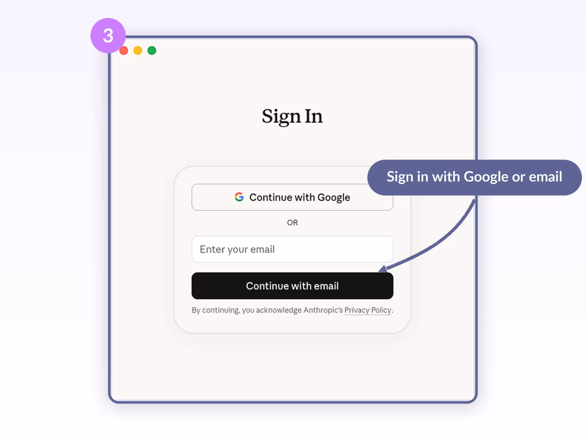 Claude Desktop Sign In card with Continue with Google button and Continue with email button