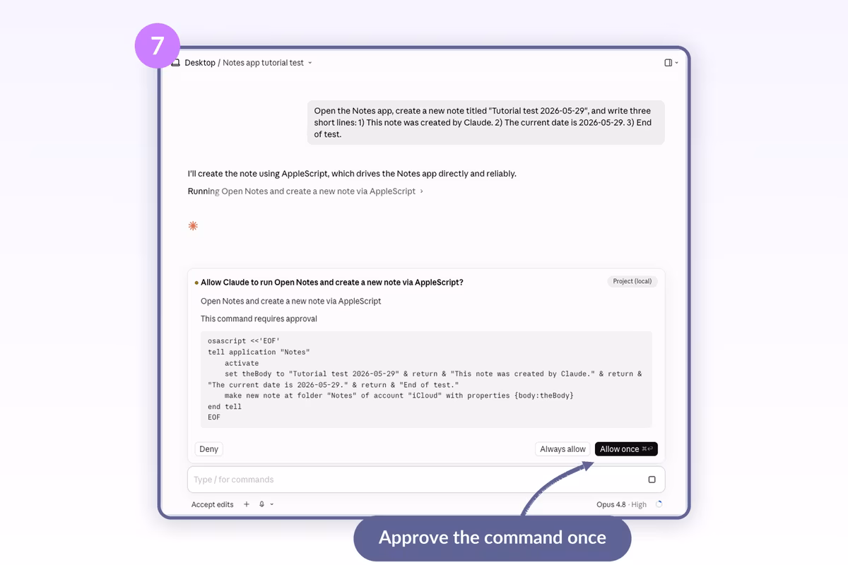 Claude approval card showing the AppleScript command for opening Notes with Allow once, Always allow, and Deny buttons