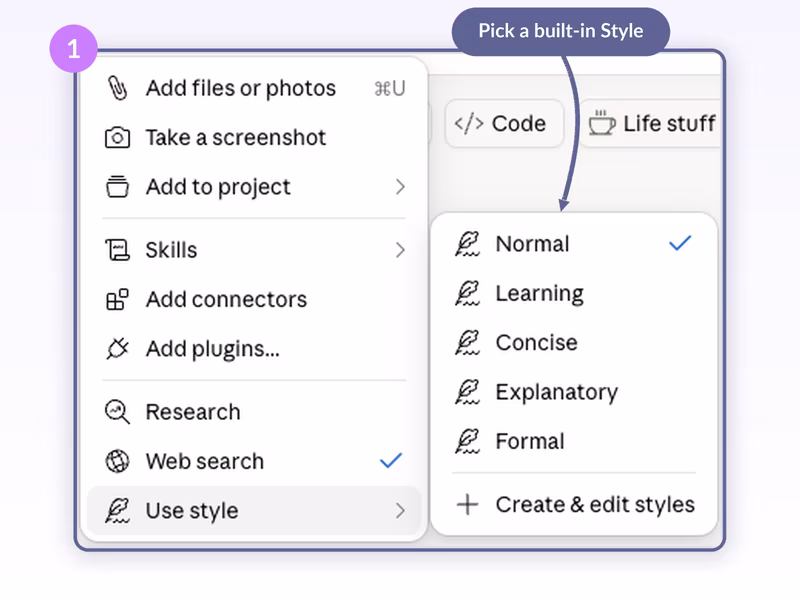 Claude plus menu with Use style fly-out showing Normal selected, Learning, Concise, Explanatory, Formal, and Create and edit styles options