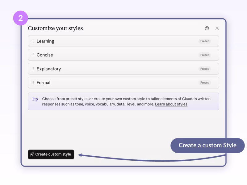 Claude Customize your styles modal with Learning, Concise, Explanatory, Formal presets and a Create custom style button