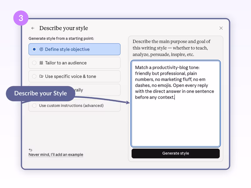 Claude Describe your style screen with Define style objective selected and a brand voice description in the textarea ready for Generate style