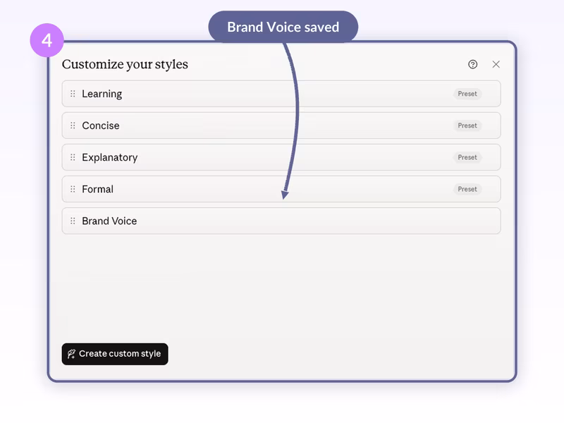 Claude Customize your styles modal now showing the saved Brand Voice custom style beneath Learning, Concise, Explanatory, and Formal presets