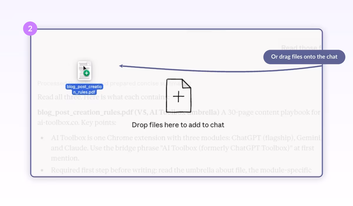 Claude chat window showing the Drop files here to add to chat overlay with a PDF being dragged in