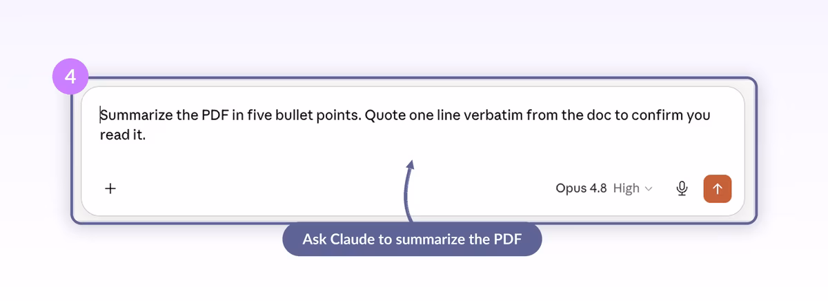 Claude prompt input with a request to summarize a PDF in five bullet points and quote one line verbatim