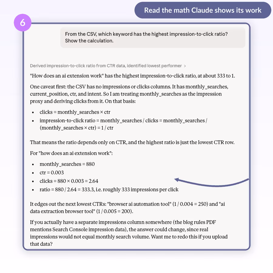 Claude response walking through a CSV calculation step by step with formula, per-row math, and the winning keyword